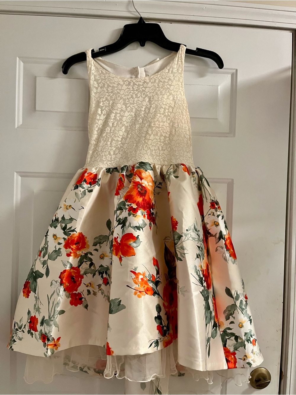 Bonnie Jean Cream Lace Bodice Floral Party Dress with Orange Blooms